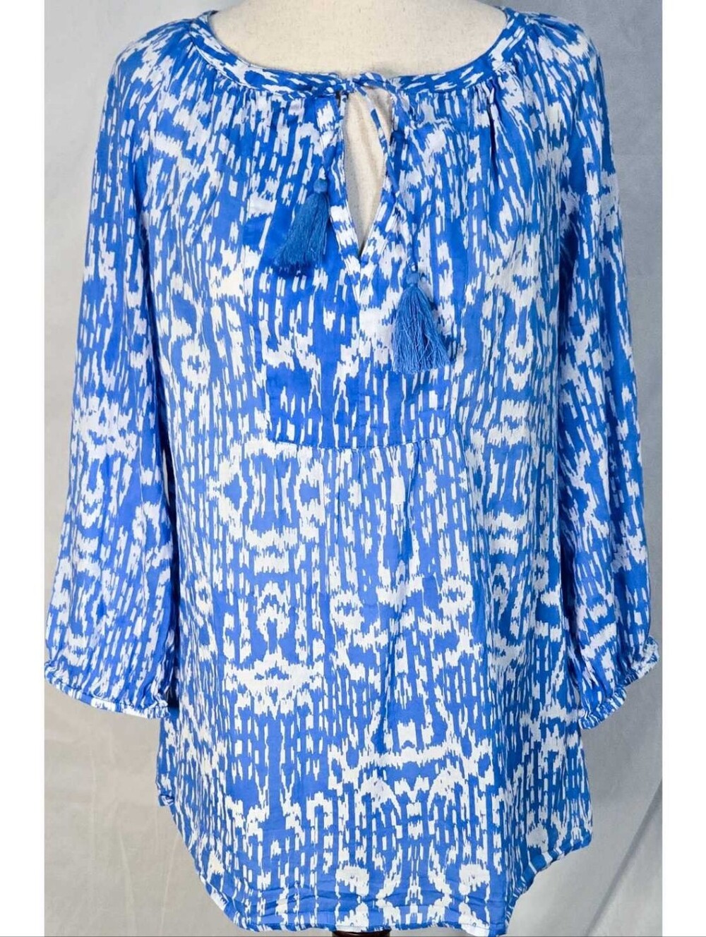 Jude Connally Blue White Ikat Blouse Top Tassel Cotton Boho Flowy Shirt